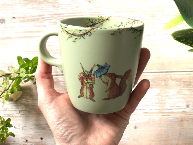Squirrel friends upcycled green mug