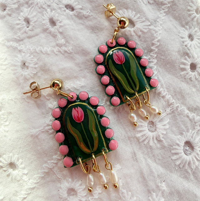 Pink Tulip Floral Arch Shaped Earrings with Rice Pearls