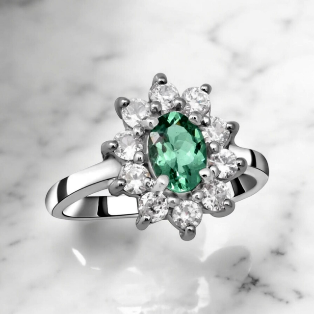 Natural Emeraldine Apatite &amp; Cambodian Zircons in Platinum Vermeil Ring.