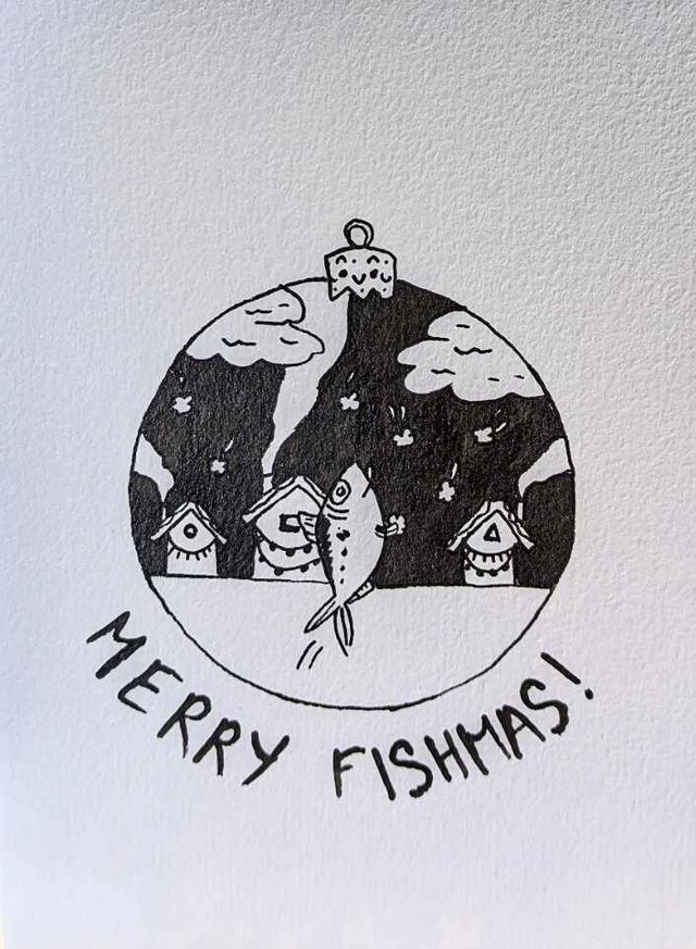 La Sardine à la boule de neige – Carte de Noël à la sardine