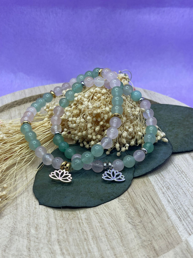Bracelet CréaD’Âme – Cœur, Harmonie Douce Quartz Rose &amp; Aventurine Verte