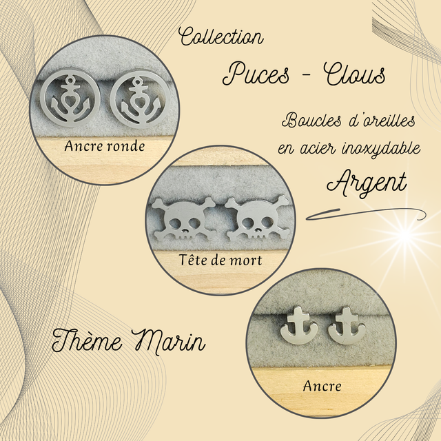 Clous d&#039;oreilles - Thème Marin - Acier Argent