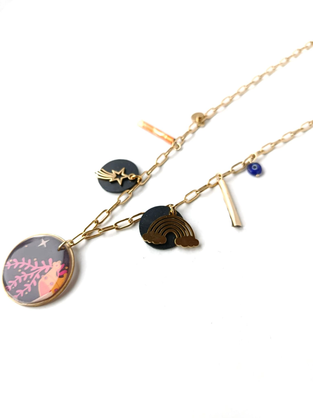 Collier à Breloques Upcyclé Carte de Tarot, Chambre à Air &amp; Aluminium Recyclés - Céleste