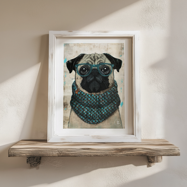 Pug Dog In Glasses Mixed Media Art Print A4