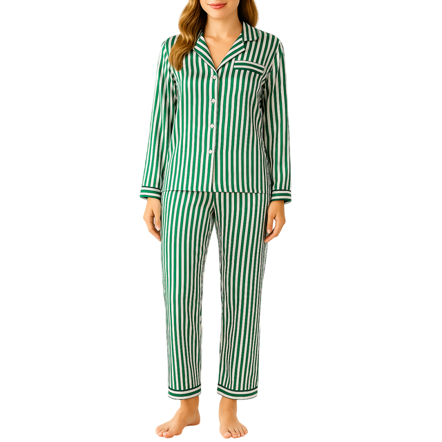 Pyjama femme en satin à rayures, confort et élégance vert ou rose.