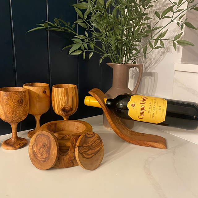 Olive Wood Wine Glass & Bottle Holder + Coaster Set