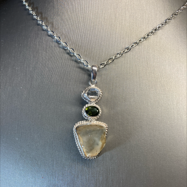 Moldavite, Libyan Desert Glass &amp; Herkimer Pendant 