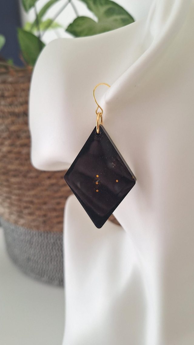 Boucles oreilles losanges noir et paillettes dorées