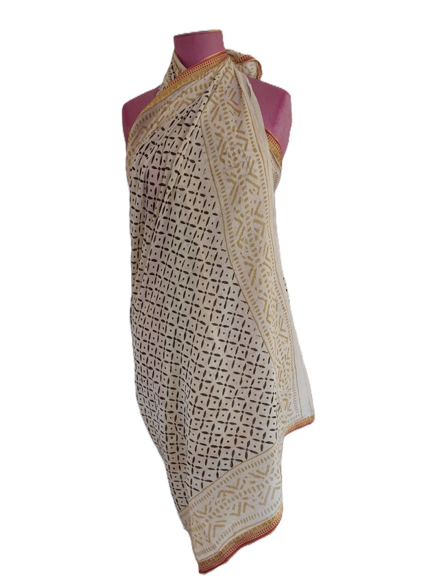 Paréo de plage en coton voile indien imprimé à la main – Motif beige et noir avec bord doré – Étole & châle bohème 