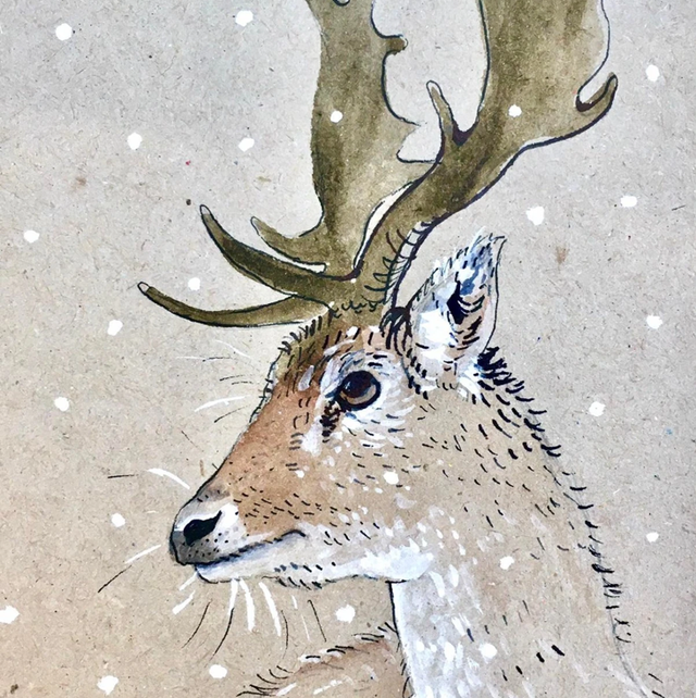 Képeslap, szarvas hóesésben