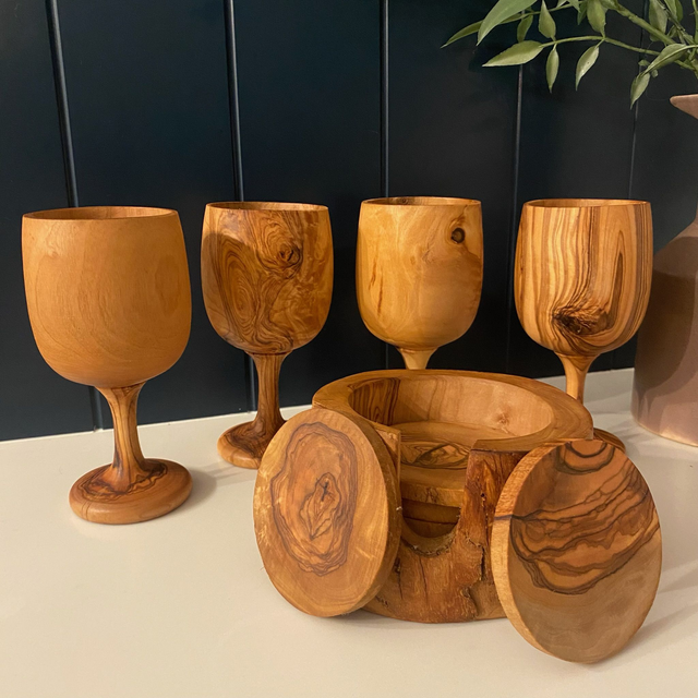 Olive Wood Wine Glass & Bottle Holder + Coaster Set
