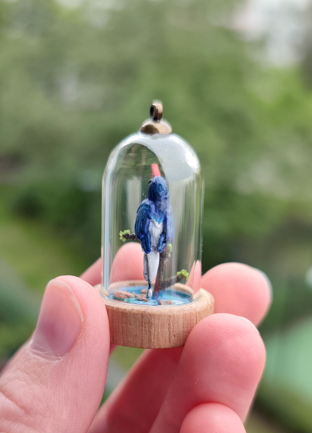Numfor Kingfisher - one of a kind miniature diorama jewelry
