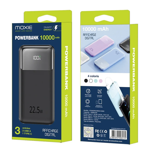 Batterie de secours avec affichage digital capacité 10000 mAh