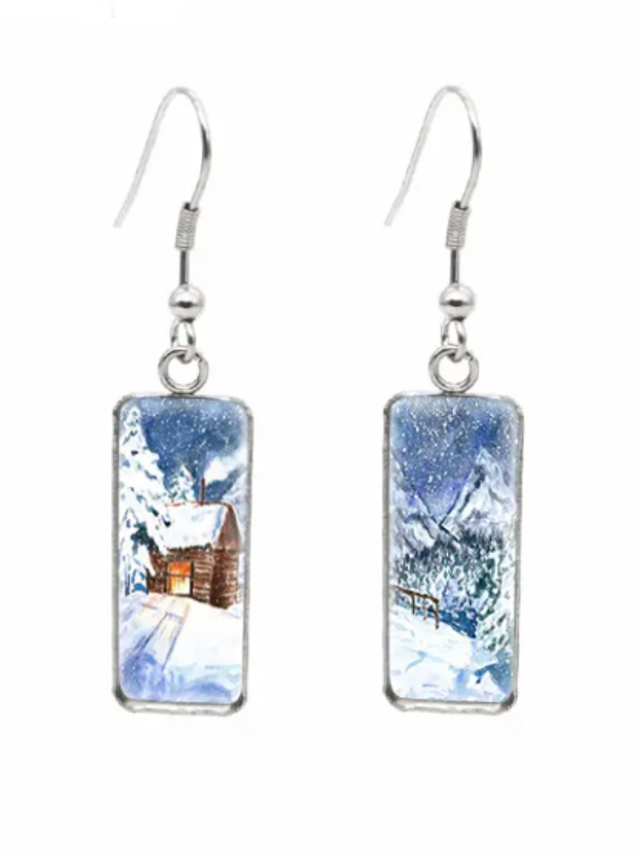 Snowy Cabin &amp; Mountains Drop Earrings