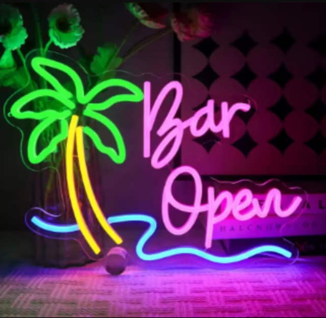 LED lamp neon stijl Bar Open met Palmboom (38x30cm)
