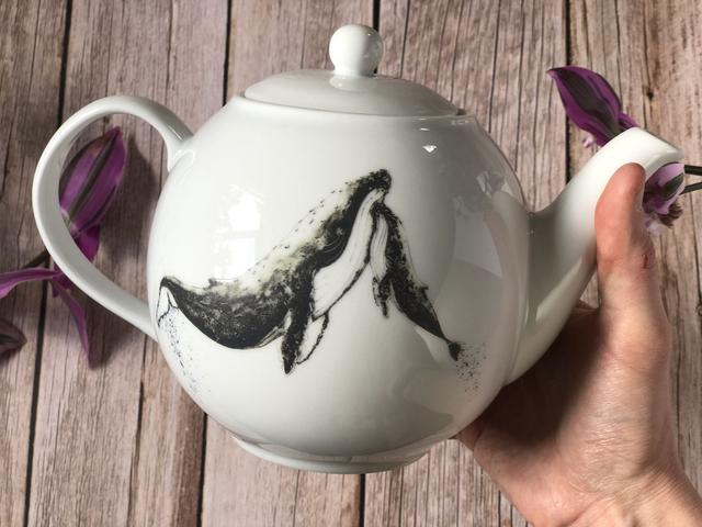 Humpback whales upcycled tea set