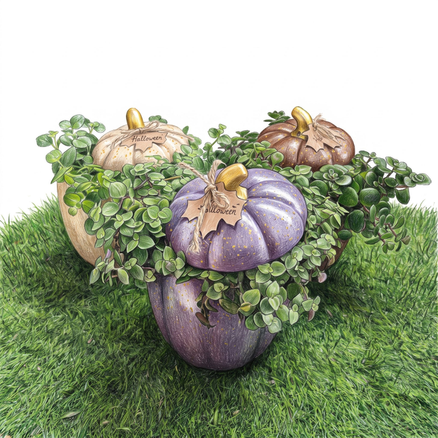 Courge d’automne céramique &amp; Callisia repens — Décoration végétale d'Halloween