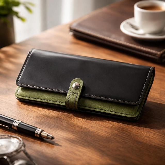 ✨️ PROMO ✨️ Portefeuille /Porte-chéquier en cuir - Noir et vert pailleté 