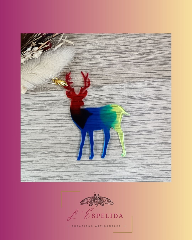 Pendentif grand Renne rouge bleu et jaune