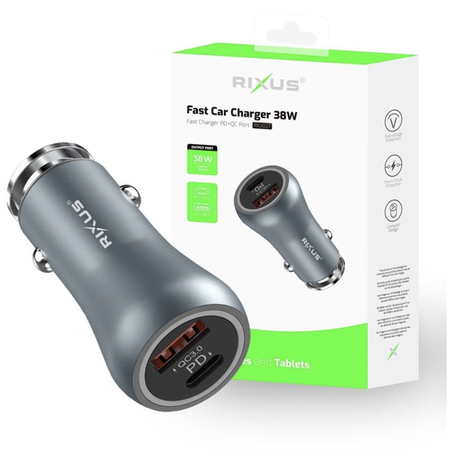 Chargeur de Voiture Original Rixus RX2027 – 38W Ultra Rapide | Double Port USB-C PD + USB-A QC 3.0