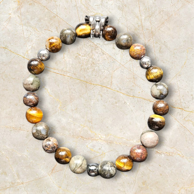 Bracelet Homme "Dieu RA" : Œil de Tigre, Libérite &amp; Pietersite