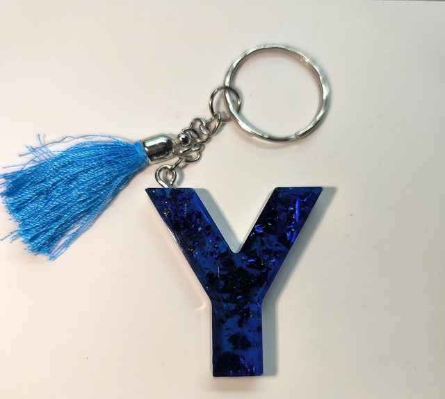 Porte clés initiale "Y" bleu nuit et feuilles bleu 
