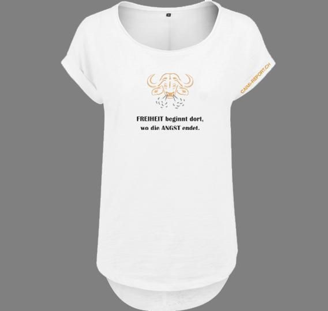 Damen-Shirt, weiss, schnaubender Büffel, «Freiheit beginnt dort, wo die Angst endet»