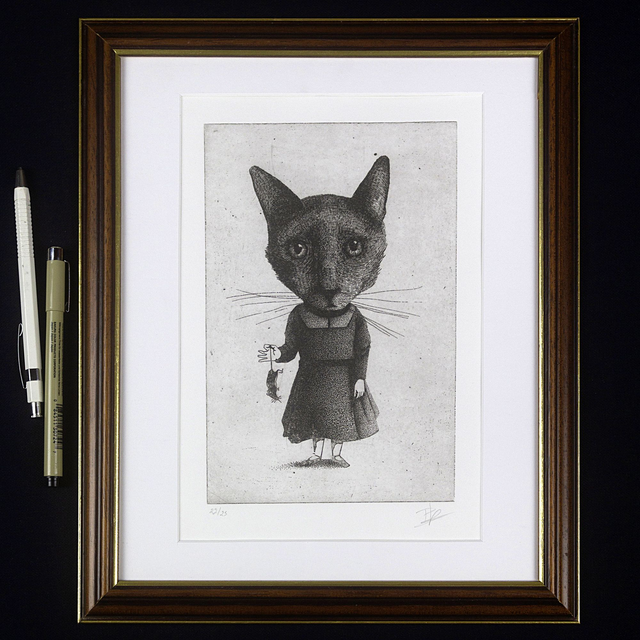 Fine art etching / Vintage frame / The cat