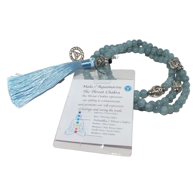 Mala ketting 108 kralen Keelchakra Visbuddha Yin Yang | Blauw Aquamarijn Edelsteen