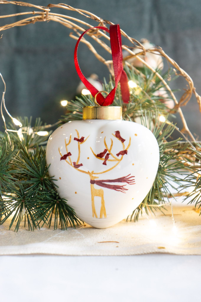 Boules de Noël en forme de cœur à suspendre dans le sapin, en porcelaine, création fait-main unique