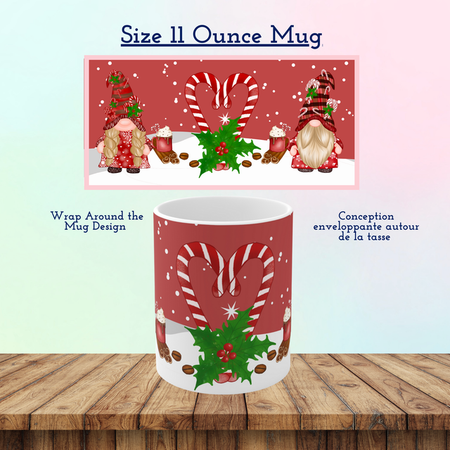 Red Candy Cane Christmas gnomes Accent Coffee Mug, 11oz / Mug de Noël avec Gnomes et Canne en Sucre Rouge, 11oz