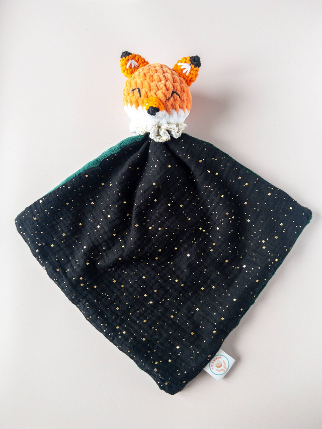 Doudou renard tissu noir et vert /collerette PHOSPHO