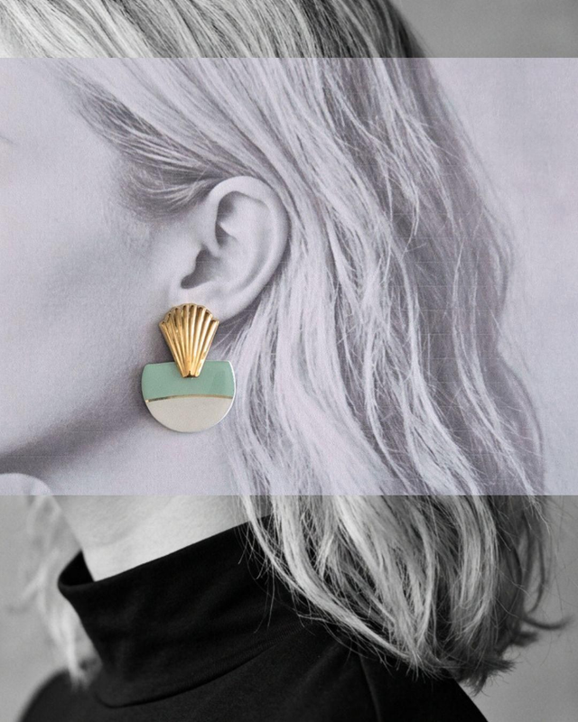 Paire de boucles d'oreilles - porcelaine Badonviller - acier inoxydable doré