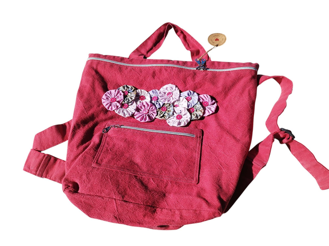 Sac à dos toile en coton fushia avec Fuxicos du Brésil