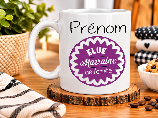 Mug « Élue Marraine de l’Année » avec Prénom – Une Idée Cadeau Originale, Personnalisée et Pleine d’Affection pour la Meilleure des Marraines