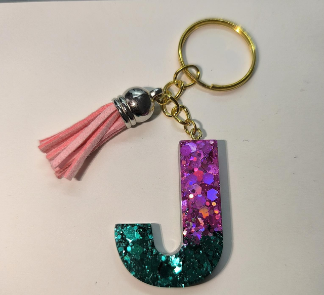 Porte clés initiale "J" rose et bleu pailletté 