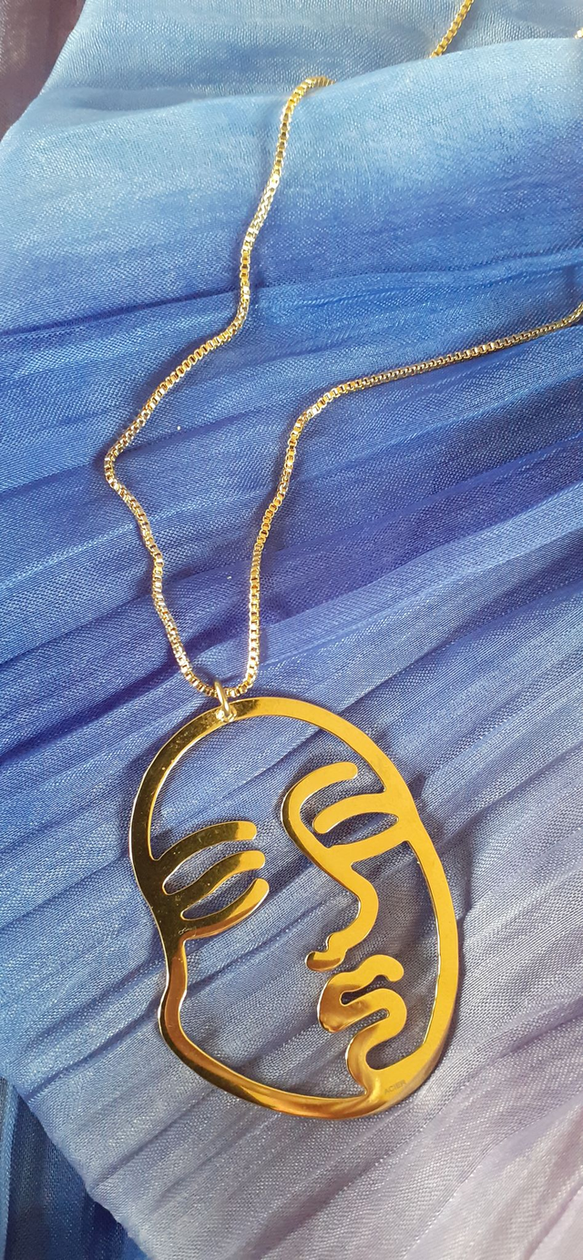 Face Collier doré, pendentif silhouette visage, réversible 