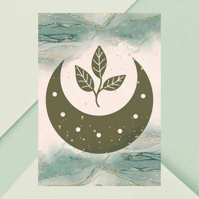 Affiche Demi-Lune &amp; Feuille Bohème Vert Olive / Olive Green Half-Moon &amp; Leaf Boho Art Print