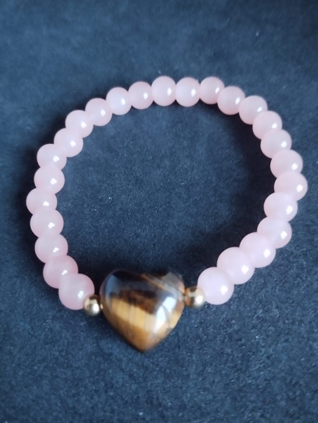 Bracelet en Quartz Rose &amp; Cœur en Œil de Tigre