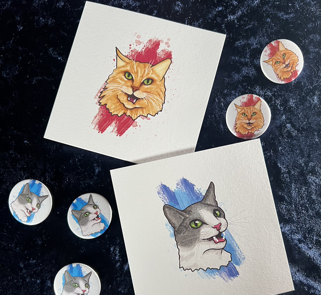 Cat Face Blank Greeting Card and Badge Selection | Ginger Maine Coon and Grey White Tuxedo Cat