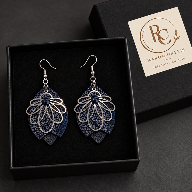 Éclat de Nuit – Boucles d’oreilles en cuir bleu marine nacré