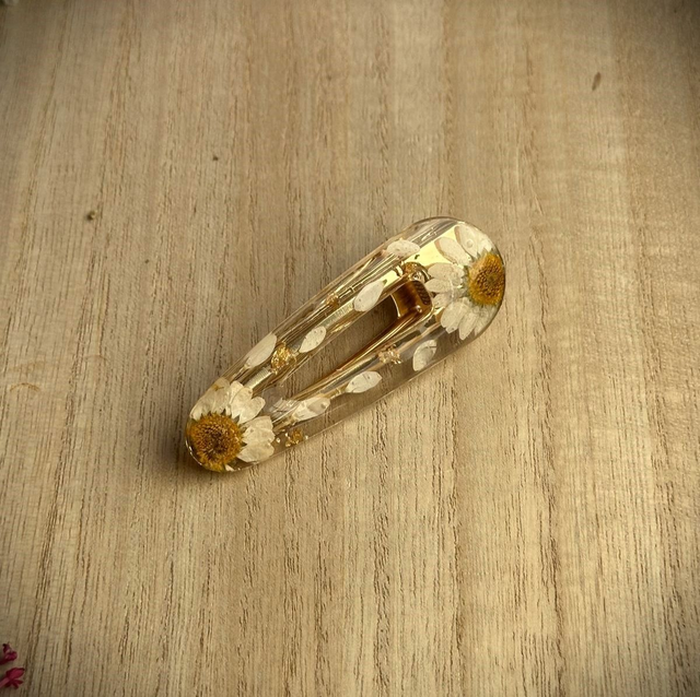 Barrette à cheveux - Fleurs de camomille et or (arrondie)