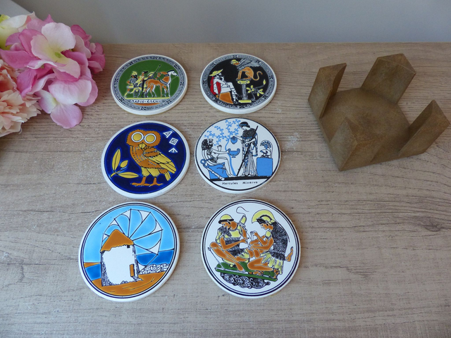 Lot de 6 sous-verres en céramique Tassoulis et Ariadne Fait Main en Grèce, Souvenirs de Grèce Décoration Bar Bistrot, Collection Chouettes