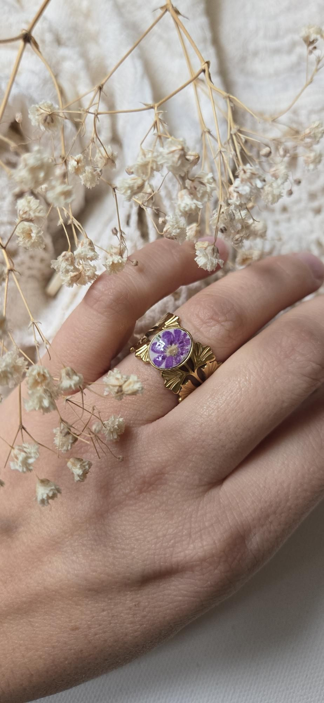 Bague feuilles Gingko - porcelaine Badonviller - acier inoxydable doré
