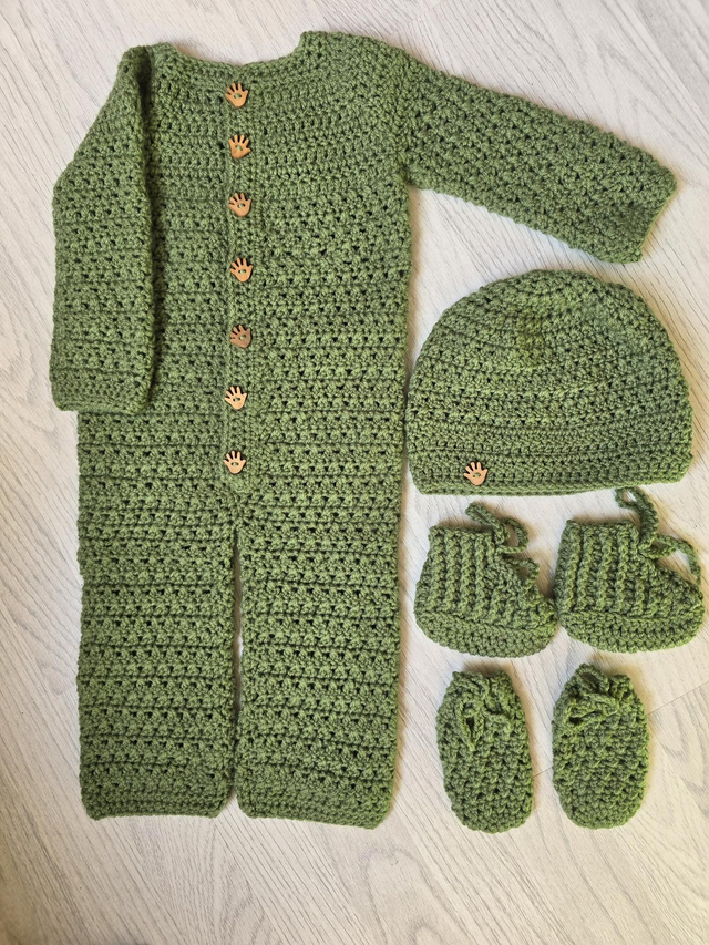 Crochet baby romper all in one hat boots mittens set sage green 3-6 months