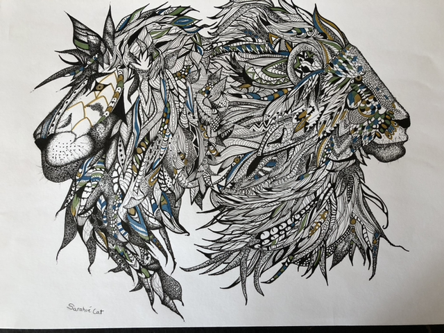 Lions 2 têtes mêlées - 30 x 40 cm - encadrement noir