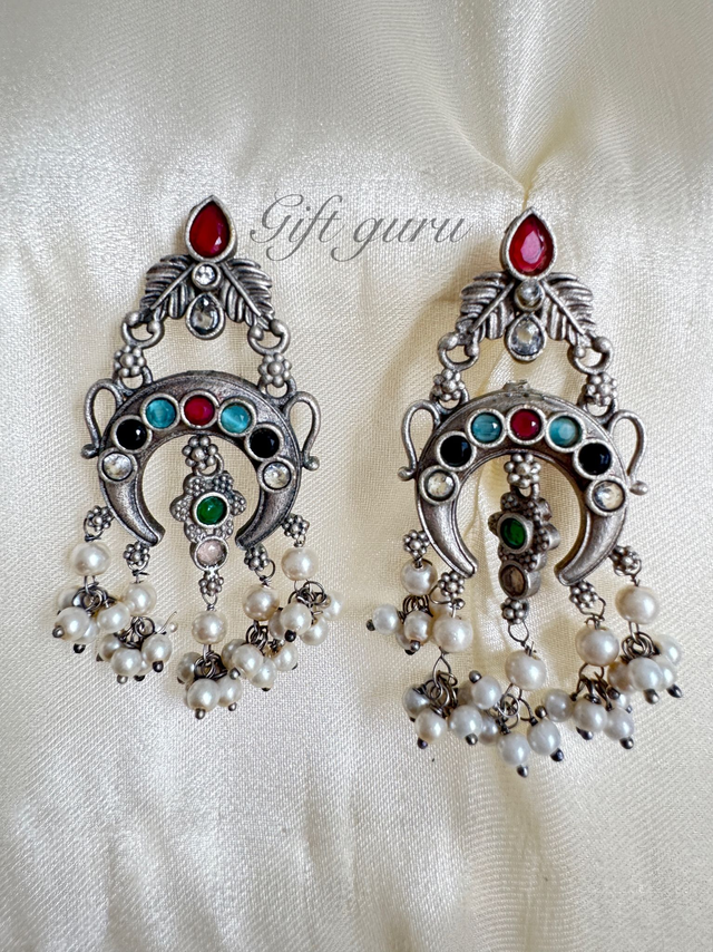  Oxidised Multi-Stone Colour Earrings with Pearls 