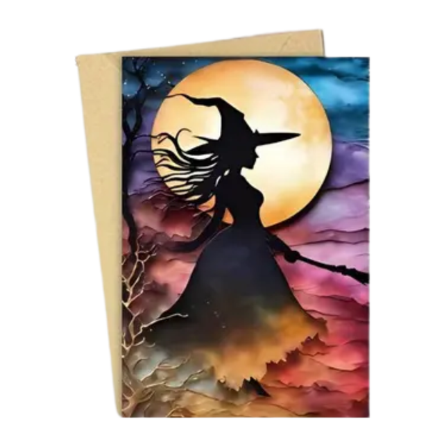 Moonlit Silhouette Witch Greeting Card
