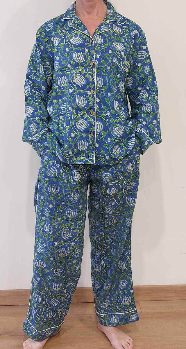 Pyjama femme en coton léger imprimé à la main – Ensemble boutonné deux pièces - bleu et vert