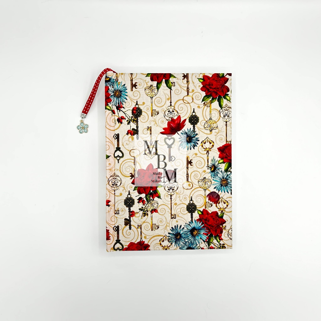 Secret Garden Handmade Notebook - Red & Teal Floral with Key Motif